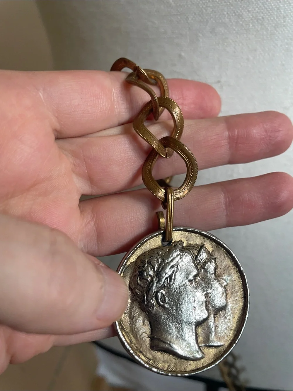 Vintage Antique Coin Pendant Chain Necklace belt in Brass Tone